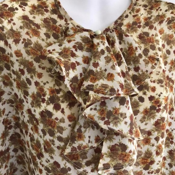 Vintage Ivory Chiffon Ruffle Blouse Brown Calico Floral Print Eaton Pursuits - Picture 2 of 4